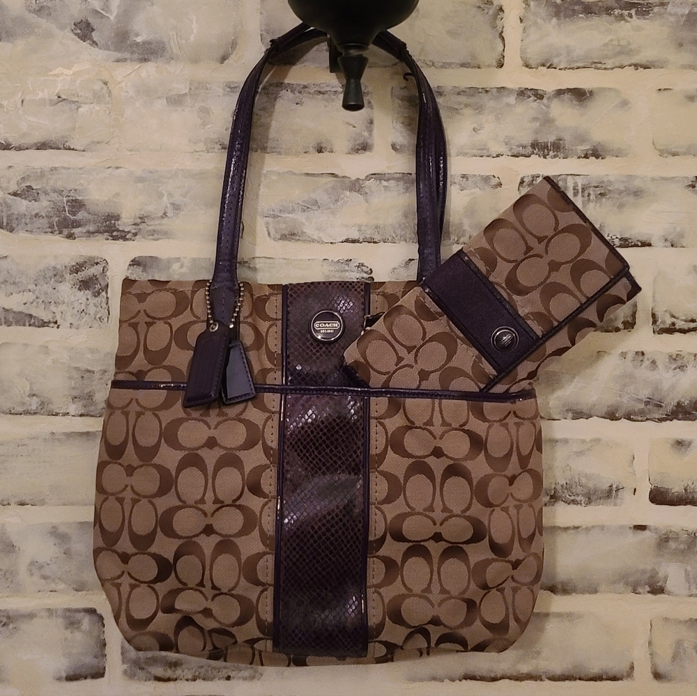 Coach Signature Tote with python stripe & wallet. Purple, brown, khaki